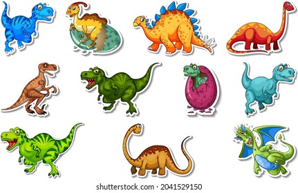 Sticker set with different types of dinosaurs cartoon characters illustration