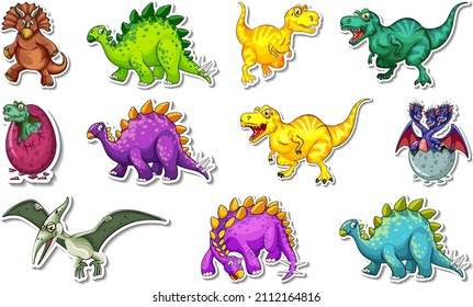 Sticker set with different types of dinosaurs cartoon characters illustration