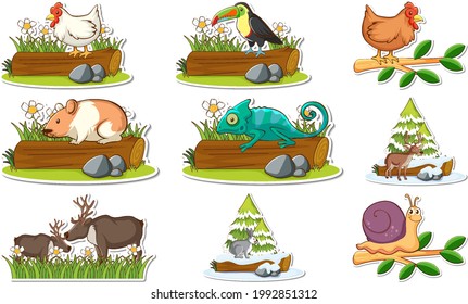 Sticker set with different wild animals and nature elements illustration