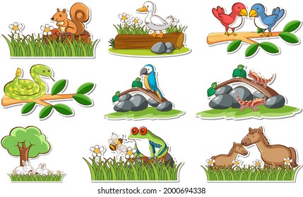 Sticker set with different wild animals and nature elements illustration