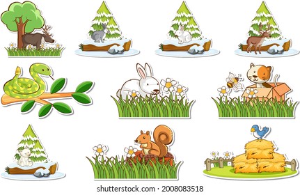 Aufkleber mit verschiedenen Wildtieren und Naturelementen, Illustration