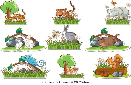 Sticker set with different wild animals and nature elements illustration