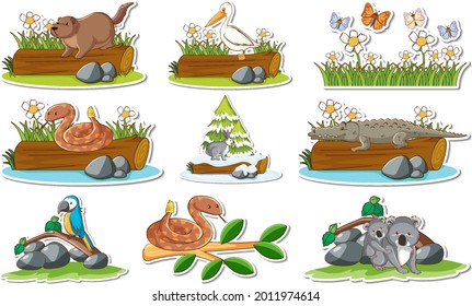 Sticker set with different wild animals and nature elements illustration