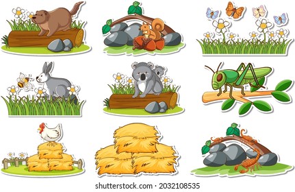 Aufkleber mit verschiedenen Wildtieren und Naturelementen, Illustration