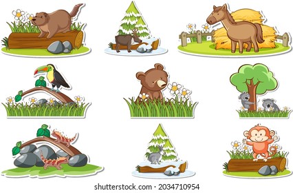 Sticker set with different wild animals and nature elements illustration