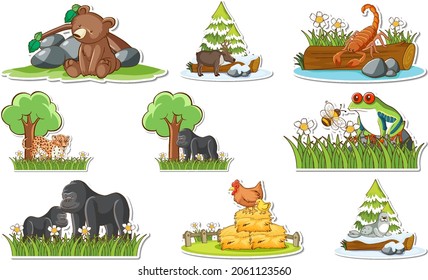 Sticker set with different wild animals and nature elements illustration