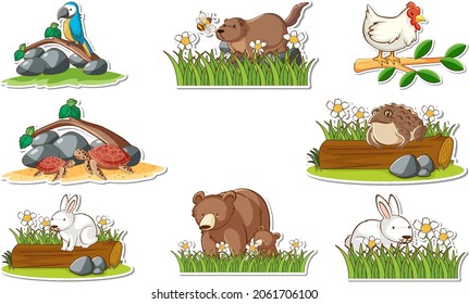 Conjunto de etiquetas con diferentes animales salvajes y ilustración de elementos naturales