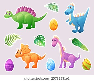 Sticker set of dinosaur character with  egg and tropical leaves. Vector kids illustration