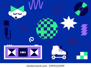 Sticker set with disco elements. Illustration in the theme of disco party. Image of disk, rollers, microphone, disco ball. Dynamic geometric design in groove style. 