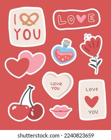 Sticker set of doodle cartoon comic hand drawn illustrations to Valentine's day on 14th February, dating, letters, chat on red background