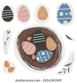 Sticker set . Easter . Cute eggs and nest . Stickers for decoration .