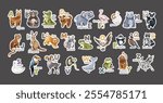 Sticker set of english alphabet matching with cute animals and birds on dark background