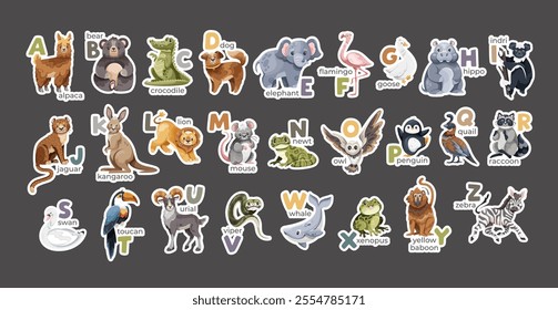 Sticker set of english alphabet matching with cute animals and birds on dark background