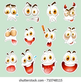 Sticker set with facial expressions on blue illustration