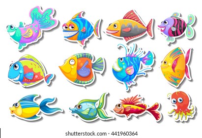 Sticker set with fancy fish illustration