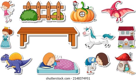 Sticker set of fantasy fairy tale cartoon characters illustration