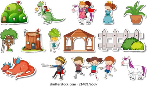 Sticker set of fantasy fairy tale cartoon characters illustration