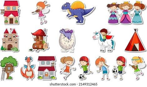 Sticker set of fantasy fairy tale cartoon characters illustration