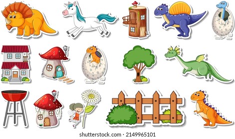 Sticker set of fantasy fairy tale cartoon characters illustration
