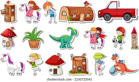 Sticker set of fantasy fairy tale cartoon characters illustration