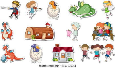 Sticker set of fantasy fairy tale cartoon characters illustration