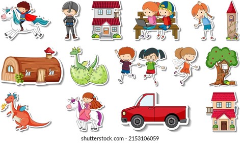 Sticker set of fantasy fairy tale cartoon characters illustration