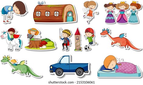 Sticker set of fantasy fairy tale cartoon characters illustration