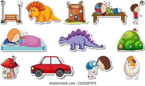 Sticker set of fantasy fairy tale cartoon characters illustration