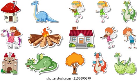 Sticker set of fantasy fairy tale cartoon characters illustration