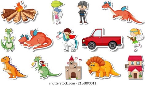 Sticker set of fantasy fairy tale cartoon characters illustration