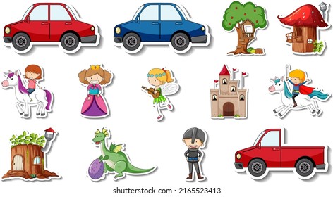 Sticker set of fantasy fairy tale cartoon characters illustration