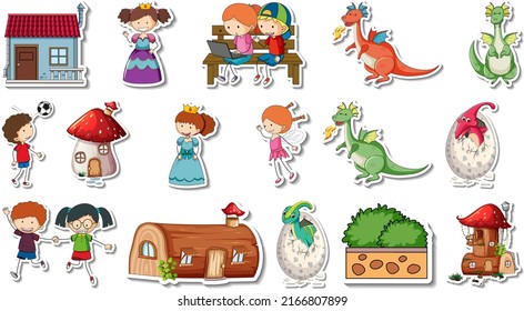 Sticker set of fantasy fairy tale cartoon characters illustration