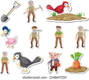 Sticker set of farm objects and farmer cartoon characters illustration