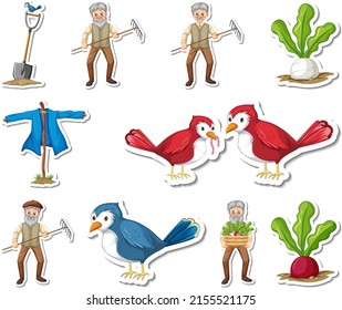 Conjunto de etiquetas de objetos agrícolas y ilustración de personajes de dibujos animados de granjeros