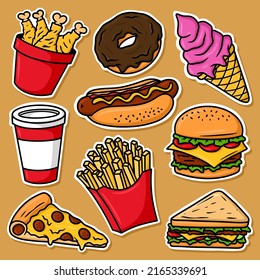 Sticker set Fast Food Cartoon Vector