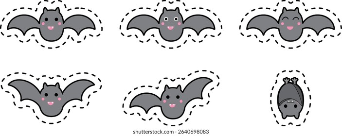 A sticker set featuring 6 cute bat characters with smiling faces. Great for Halloween or fun designs.