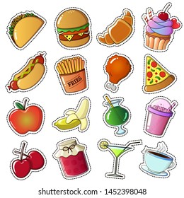 Sticker Set Of Food And Drinks - Burger, Taco, Chicken Leg, Pizza, Fries, Hotdog, Croissant, Cupcake, Apple, Banana, Cherries, Jam Jar, Smoothie, Milk Cocktail, Martini And Coffee