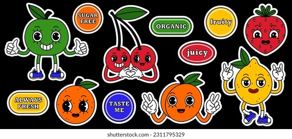 Sticker set of fruit retro cartoon character. Sticker pack of juicy cherry, strawberry, peach, lemon, orange and apple with quotes and slogans.