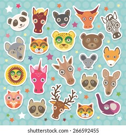 Sticker set of funny animals muzzle. Teal background with stars, Polka dot. Vector