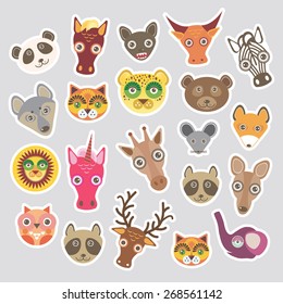 Sticker set of funny animals muzzle. Vector