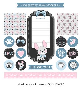 Sticker set of funny dogs with hearts. Valentine's day. Vector illustration.
