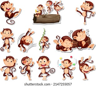 Sticker set of funny monkey cartoon characters illustration