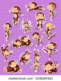 Sticker set of funny monkey cartoon characters illustration