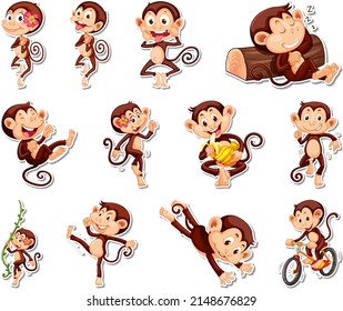 Sticker set of funny monkey cartoon characters illustration