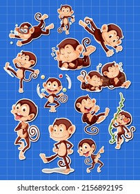 Sticker set of funny monkey cartoon characters illustration