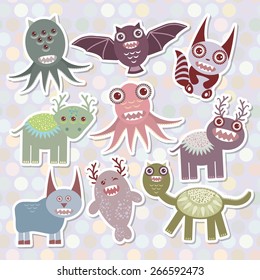 Sticker set Funny monsters collection on Polka dot background. Vector