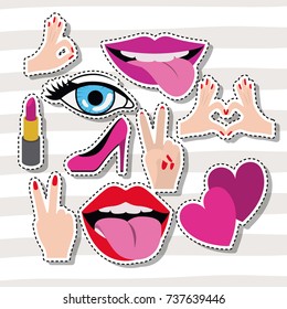 sticker set gesture on pop art linear color background vector illustration