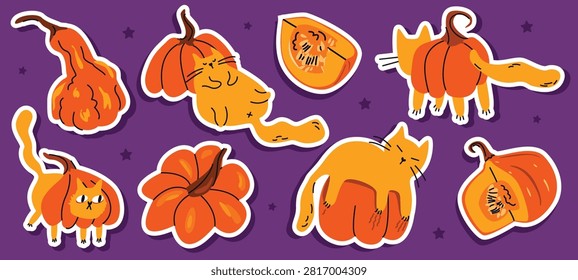 Sticker set with ginger cats and pumpkins. Cute autumn background. Vector illustration collection for fall seasonal design