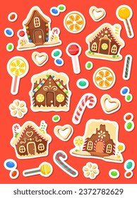 Sticker set of gingerbread houses and sweets. Vector cookies, candies, lollipops and other treats. Colorful isolated christmas elements on red background. Flat cartoon style.