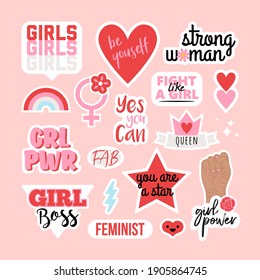 Sticker set with girl power slogans and feminist quotes